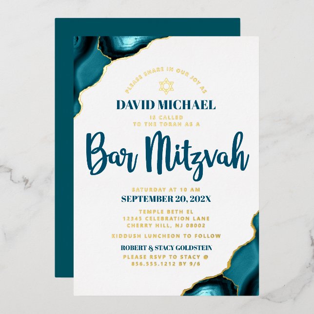 Invitation En Aluminium Bar Mitzvah Bold Turquoise Agate Script Real Gold (Recto/Verso)