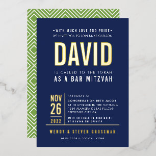 Invitation En Aluminium BAR MITZVAH moderne en bloc type marine vert or