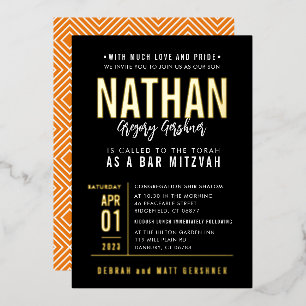 Invitation En Aluminium BAR MITZVAH moderne en bloc type noir orange