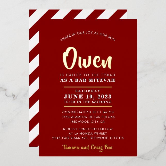 Invitation En Aluminium BAR MITZVAH moderne style calligraphie burgundy (Recto/Verso)
