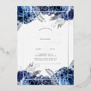 Invitation En Aluminium Bar Mitzvah navale et fleurs argentées
