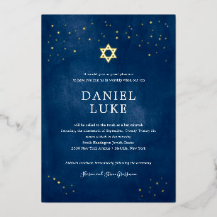 Invitation En Aluminium Bar Mitzvah Nuit Étoilée Aquarelle Bleu Marine