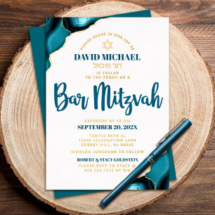 Invitation En Aluminium Bar Mitzvah Turquoise Agate Écriture Gras Or Réel
