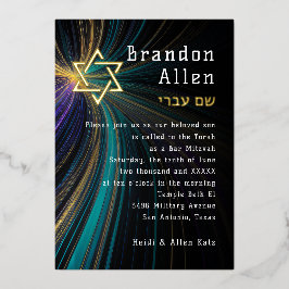 Invitation En Aluminium Barre Mitzvah Blue et Gold Rays