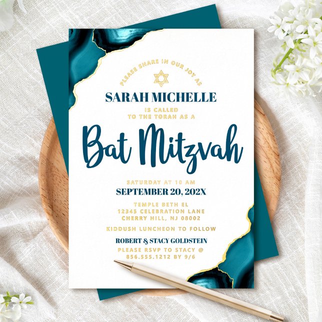 Invitation En Aluminium Bat mitzvah Bold Turquoise Agate Script Real Gold (Créateur téléchargé)
