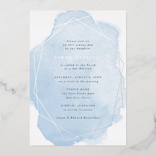 Invitation En Aluminium Bat mitzvah d'aquarelle bleu-cadre argent réel (Recto)