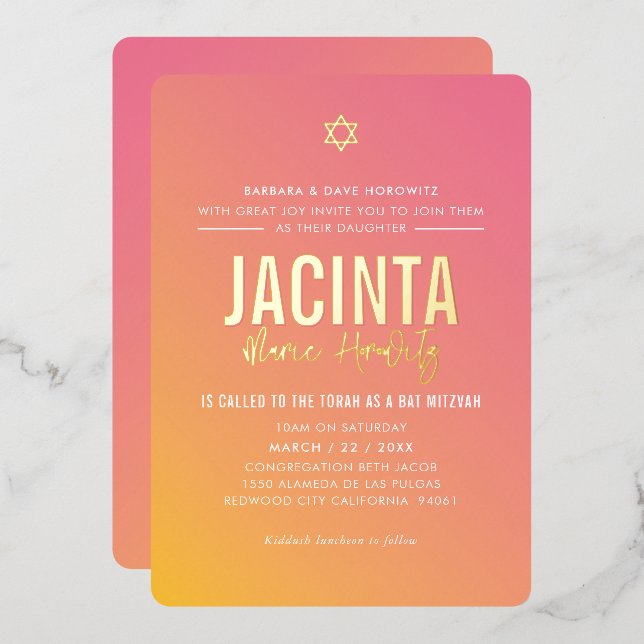 Invitation En Aluminium BAT MITZVAH étoile moderne dégradé rose jaune  (Recto/Verso)