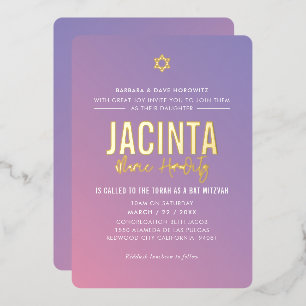 Invitation En Aluminium BAT MITZVAH étoile moderne dégradé violet rose 