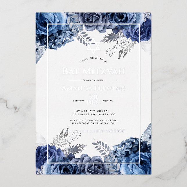 Invitation En Aluminium Bat mitzvah floral marine et argent (Recto)