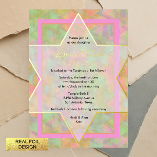 Invitation En Aluminium Bat mitzvah Green et rose Star de David Motif