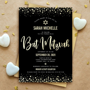 Invitation En Aluminium Bat mitzvah Moderne Gras Script Noir Vrai Or