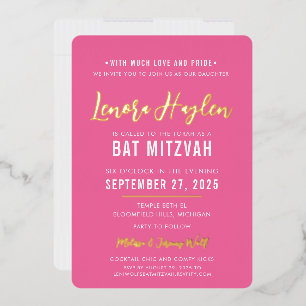 Invitation En Aluminium BAT MITZVAH script moderne joli or rose