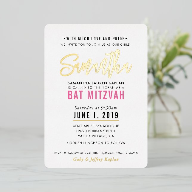 Invitation En Aluminium BAT MITZVAH script moderne joli or rose (Debout devant)