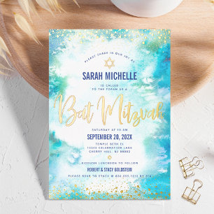 Invitation En Aluminium Bat Mitzvah turquoise moderne aquarelle or véritab