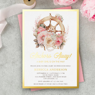 Invitation En Aluminium Bateau Floral Roues Nautique Fille Baby Shower Or