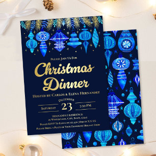 Invitation En Aluminium Baubles Dîner de Noël Aquarelle Bleu Nuit