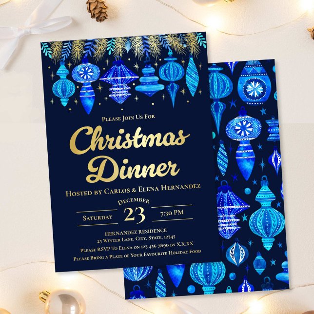 Invitation En Aluminium Baubles Noël Diner Aquarelle Marine Bleu (Baubles Christmas Dinner Watercolor Navy Blue Foil Invitation)