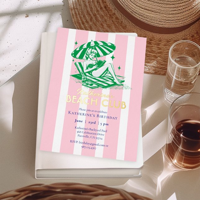 Invitation En Aluminium Beach Club Pink Stripes Girl Anniversaire Party Go (Créateur téléchargé)
