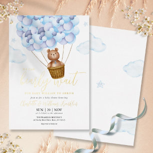 Invitation En Aluminium Bearly Wait Teddy Bear Blue Boy Baby shower Gold