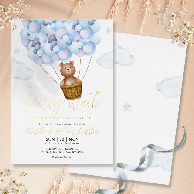 Invitation En Aluminium Bearly Wait Teddy Bear Blue Boy Baby shower Gold (Créateur téléchargé)