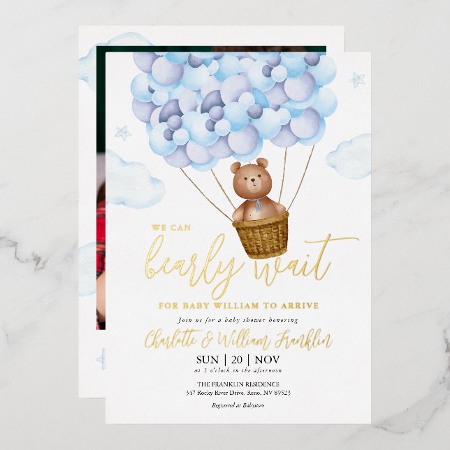 Invitation En Aluminium Bearly Wait Teddy Bear Blue Boy Photo Baby shower (Recto/Verso)