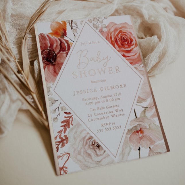 Invitation En Aluminium Beau automne Floral & Rose Baby shower or (Créateur téléchargé)