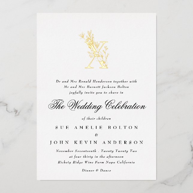 Invitation En Aluminium Beau Élégant Floral OR Monogramme Mariage (Recto)