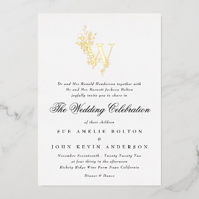 Invitation En Aluminium Beau or floral Monogramme esquissé (Recto)