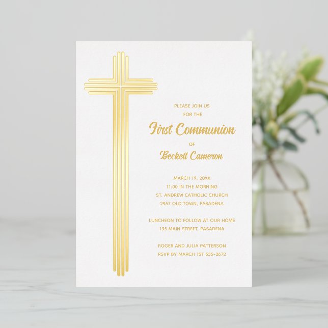 Invitation En Aluminium Beautiful Cross First Communion Gold (Debout devant)
