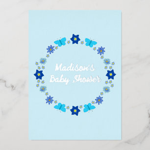 Invitation En Aluminium Bébé bleu Papillons et fleurs personnalisés