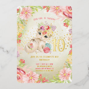Invitation En Aluminium Bébé Chat Fleurs d'aquarelle Fille Anniversaire