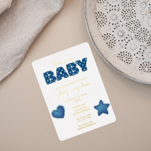 Invitation En Aluminium Bébé en Jean Bleu   Baby-Shower Moderne   Patchwor