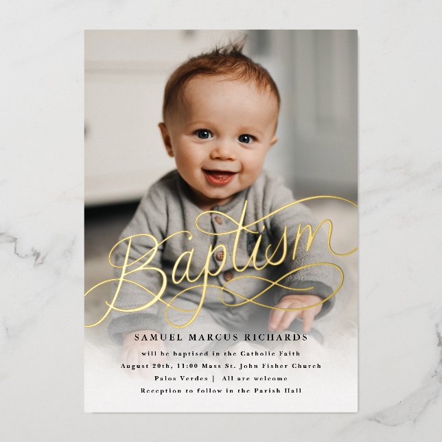 Invitation En Aluminium Bébé Photo Baptême Or (Recto)