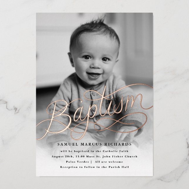 Invitation En Aluminium Bébé Photo Baptême Rose Or (Recto)