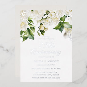 Invitation En Aluminium Belles Fleurs Blanches & Argent 25e Anniversaire