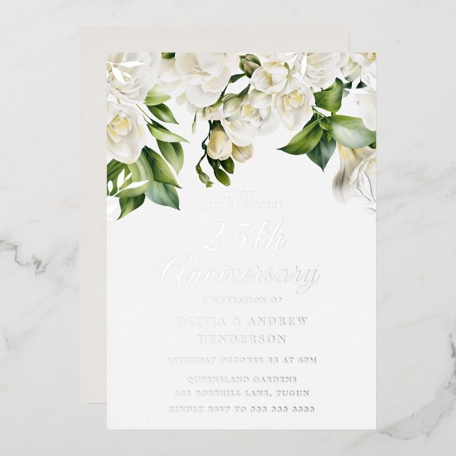 Invitation En Aluminium Belles Fleurs Blanches & Argent 25e Anniversaire (Recto/Verso)