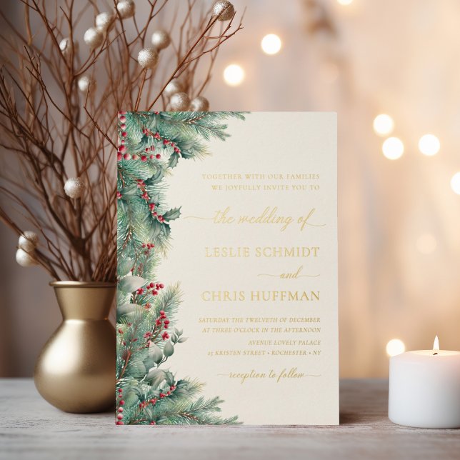 Invitation En Aluminium Berries d'hiver et Pine Aquarelle Mariage de verdu (Créateur téléchargé)