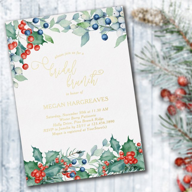 Invitation En Aluminium Berries d'hiver Holly Aquarelle Bride Brunch Or (Créateur téléchargé)