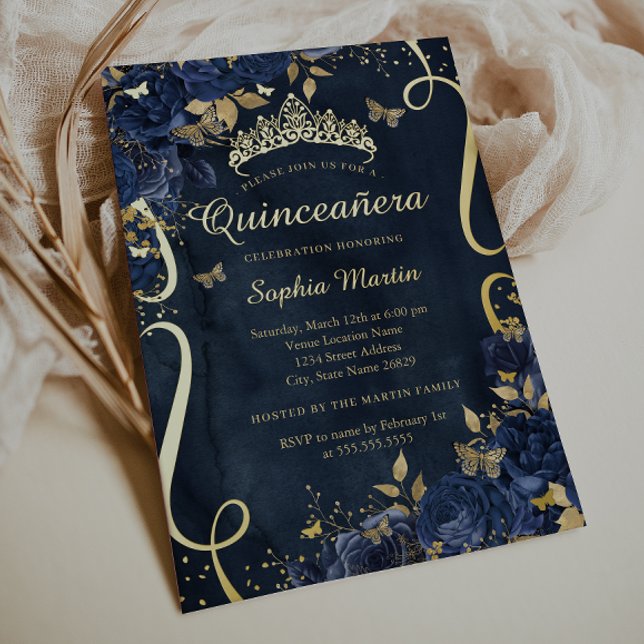 Invitation En Aluminium Beurre Fleur Élégant Or Marine Quinceanera (Créateur téléchargé)