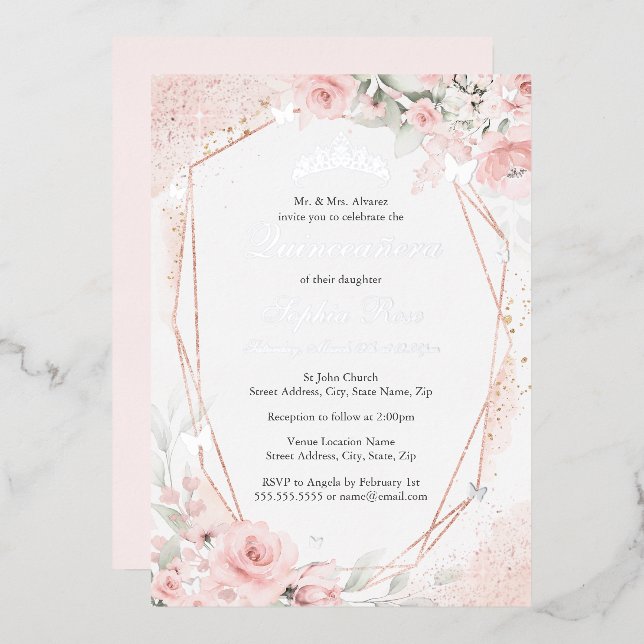 Invitation En Aluminium Beurre rose argenté bleu papillon Quinceanera flor (Recto/Verso)