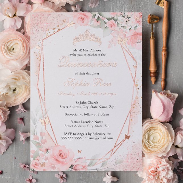 Invitation En Aluminium Beurre rose or rose rose Floral Quinceanera (Créateur téléchargé)