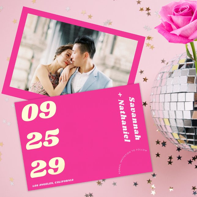 Invitation En Aluminium Big Bold Date Hot Rose Retro Real Foil Mariage (Créateur téléchargé)