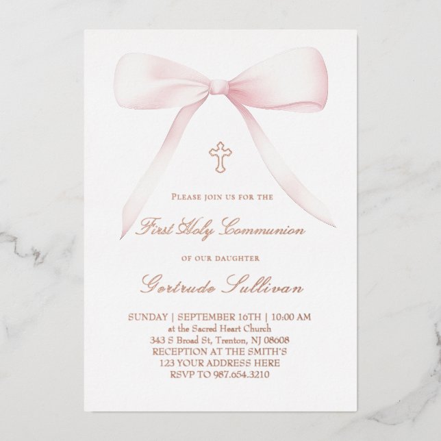 Invitation En Aluminium big pink bow | First Communion (Recto)