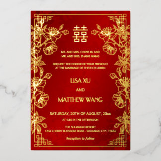 Invitation En Aluminium  BILINGUAL Gold Frame Red Chinese Wedding
