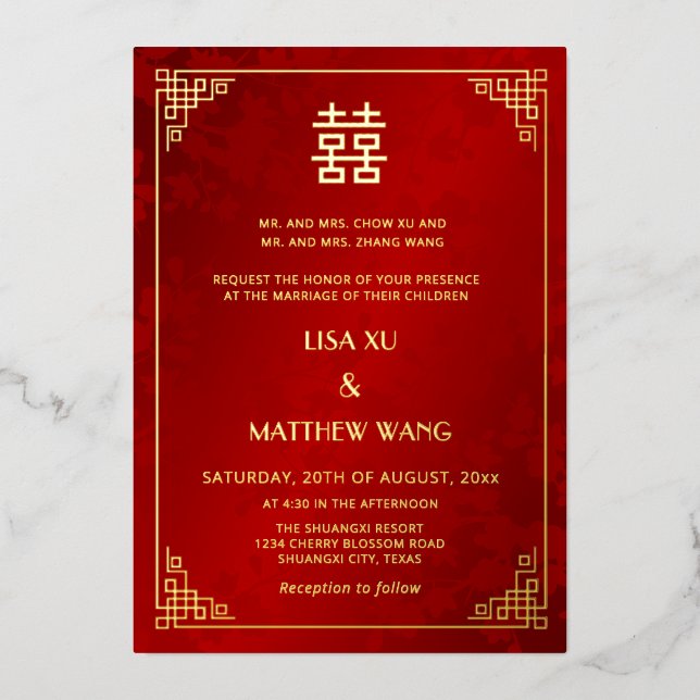 Invitation En Aluminium  BILINGUAL Gold Frame Red Chinese Wedding (Recto)