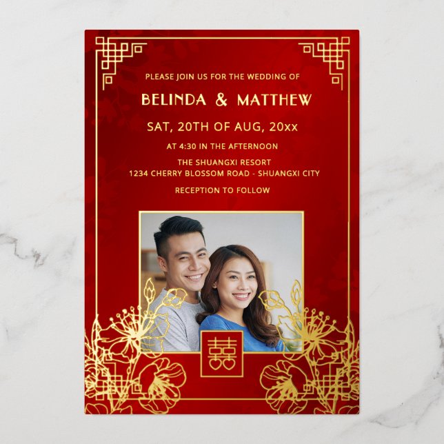 Invitation En Aluminium BILINGUAL Photo Red Gold Chinese Wedding (Recto)