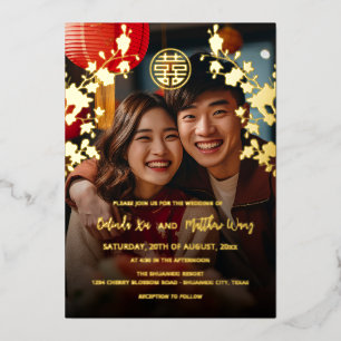 Invitation En Aluminium BILINGUAL Photo Rouge or Mariage chinois