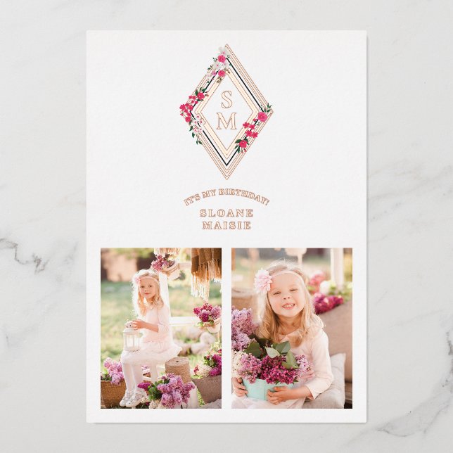 Invitation En Aluminium Birthday Initials 2 Photos Rose Gold Effect Floral (Recto)