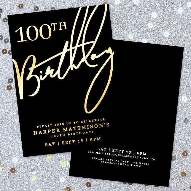 Invitation En Aluminium Black 100th Birthday Gold (Black 100th Birthday Gold Foil Invitation )
