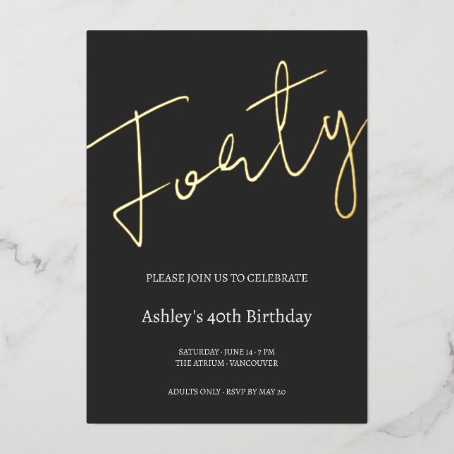 Invitation En Aluminium Black and Gold 40th Birthday Celebration (Recto)